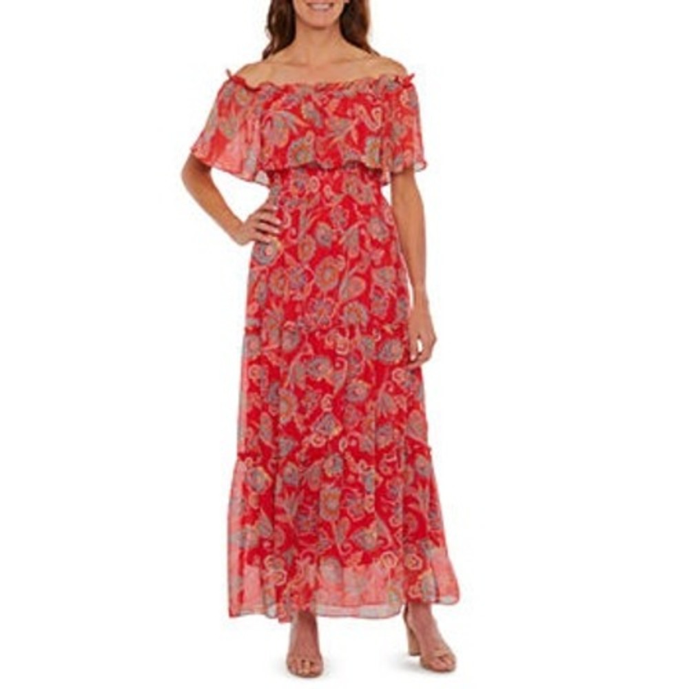 Rabbit Rabbit Rabbit Designs Red Paisley Off Shoulder Smocked Maxi Dress Size 12
